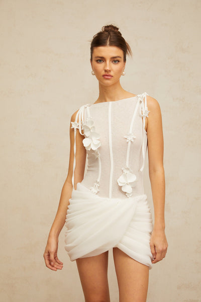 Romy white floral-appliqué ruched mini dress