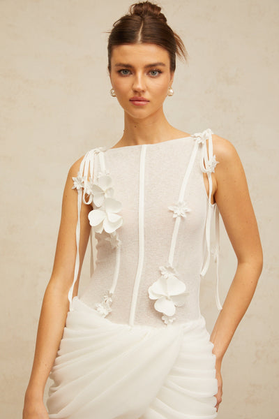 Romy white floral-appliqué ruched mini dress