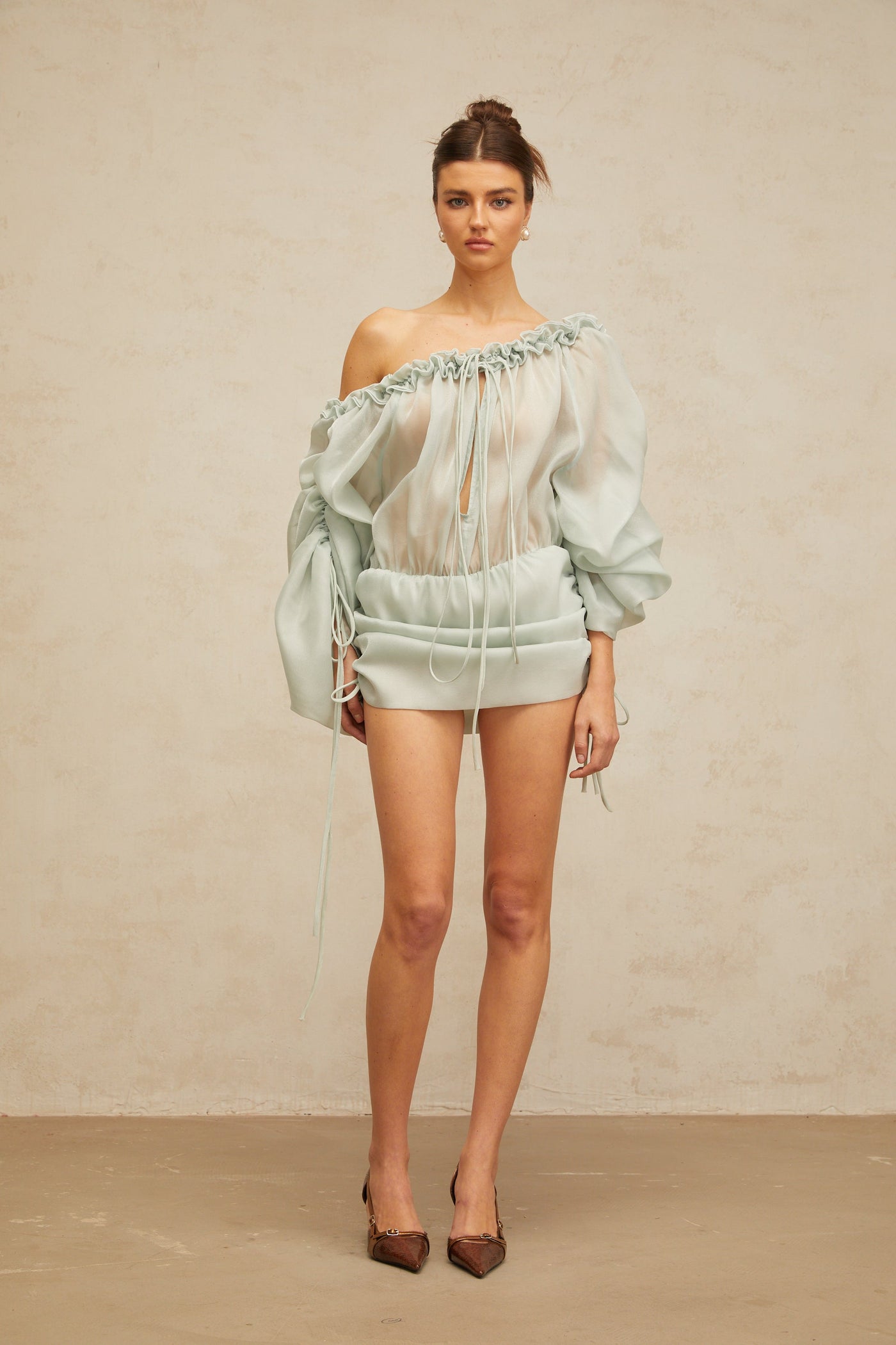 Béryl light-green ruffled-trim ruched mini dress