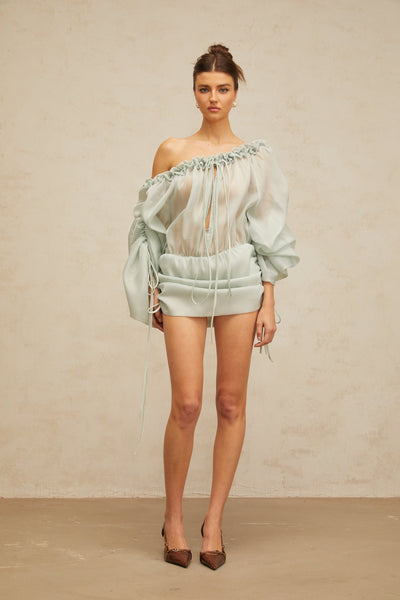 Béryl light-green ruffled-trim ruched mini dress