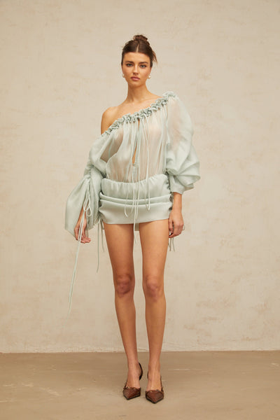 Béryl light-green ruffled-trim ruched mini dress