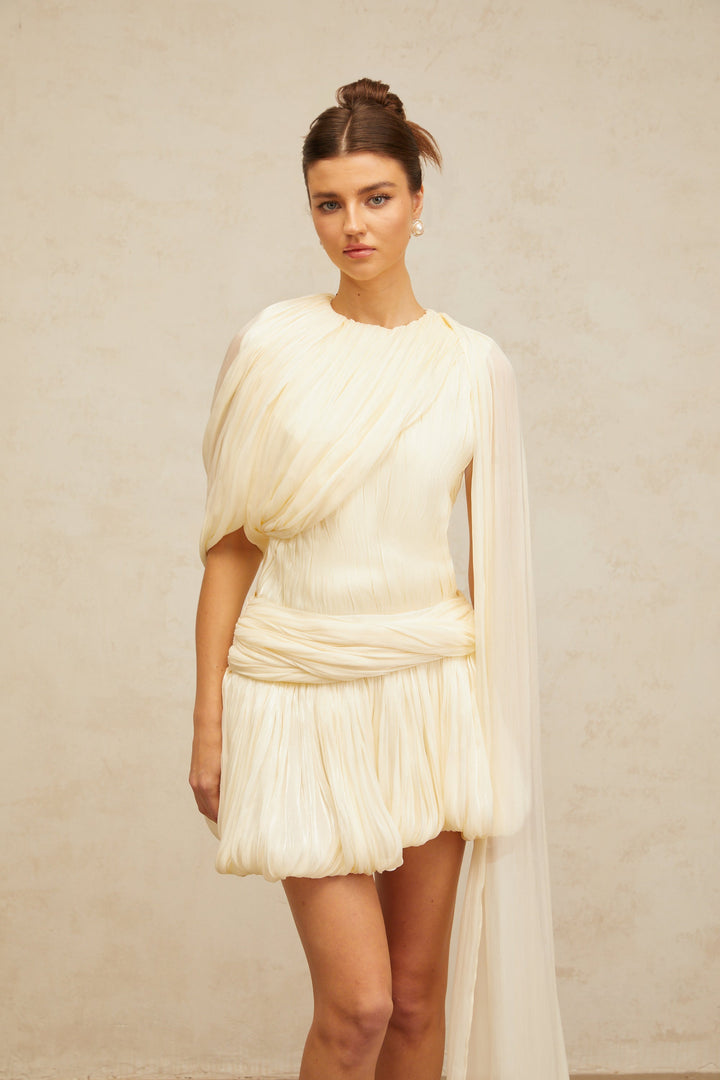 Cyrielle Pleated Mini Dress with Ribbon Design Accent - Celestia Couture