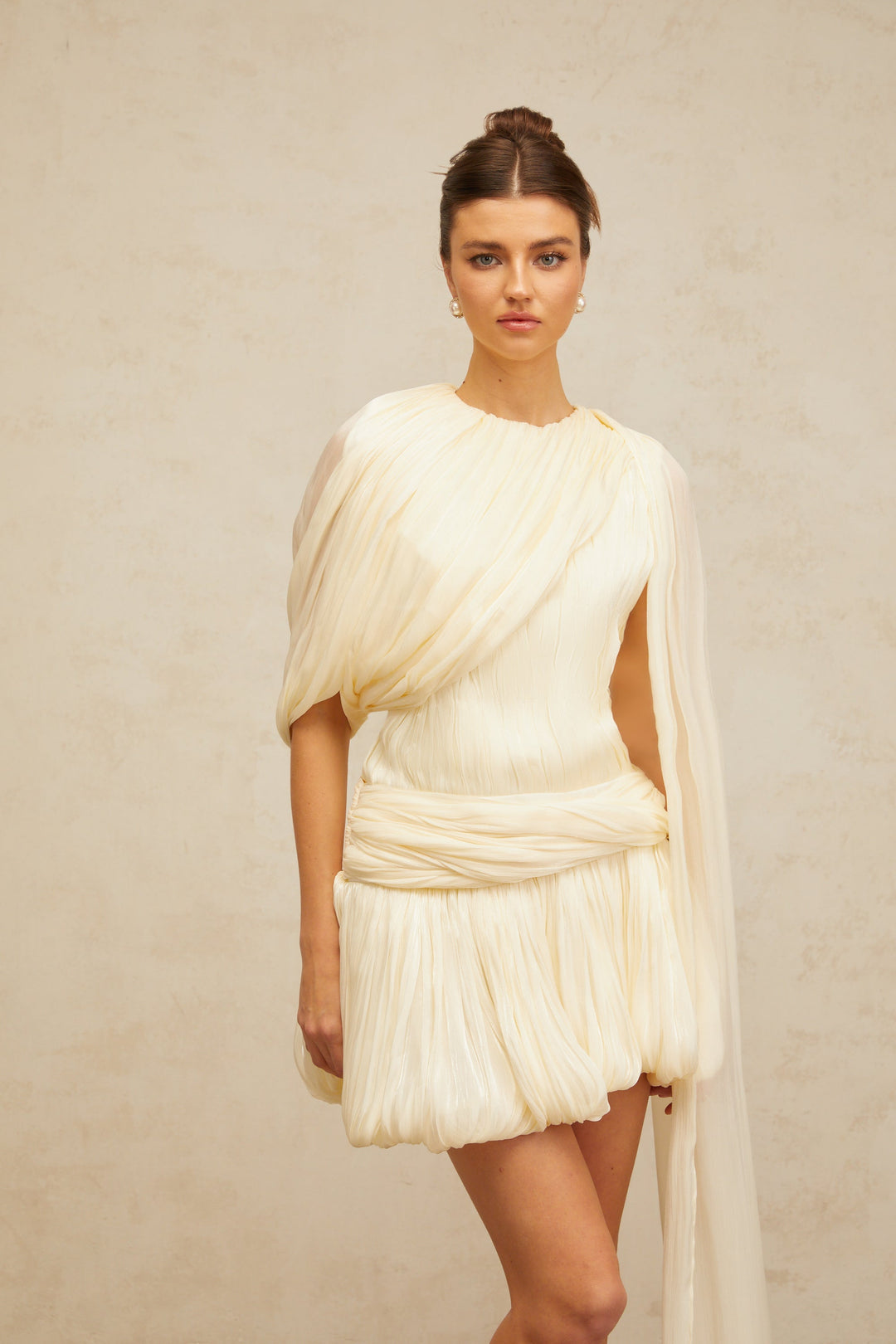 Cyrielle Pleated Mini Dress with Ribbon Design Accent - Celestia Couture