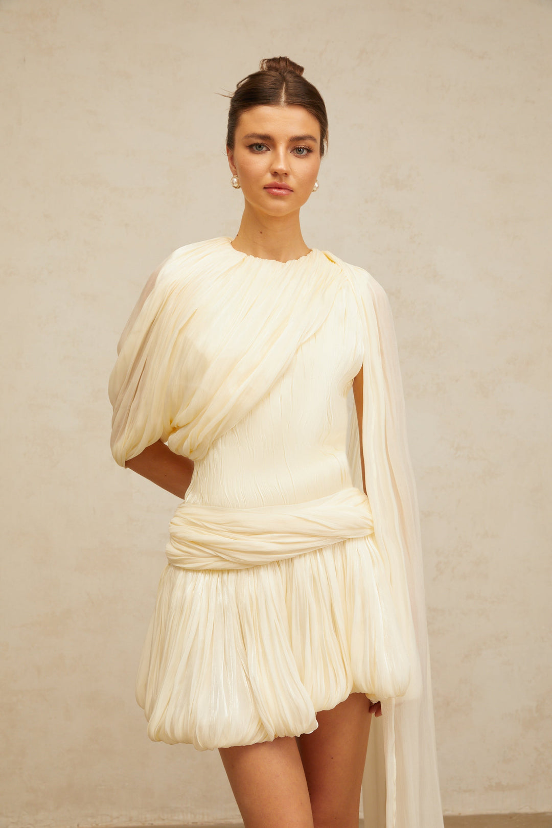 Cyrielle Pleated Mini Dress with Ribbon Design Accent - Celestia Couture