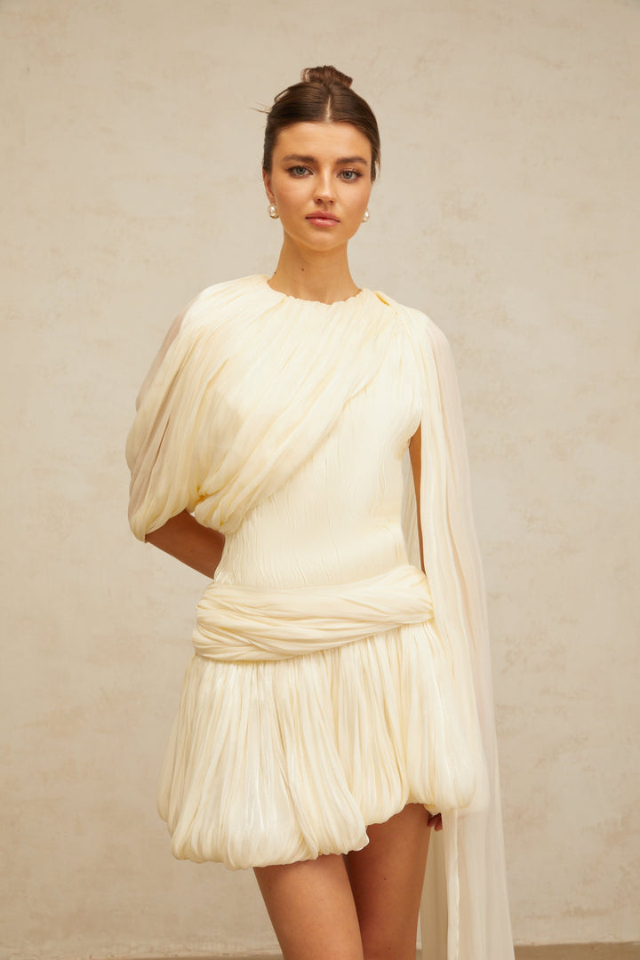 Cyrielle Pleated Mini Dress with Ribbon Design Accent - Celestia Couture