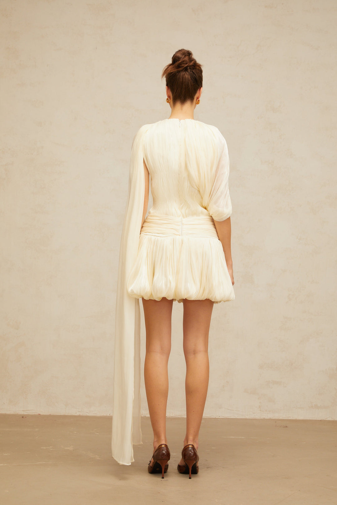 Cyrielle Pleated Mini Dress with Ribbon Design Accent - Celestia Couture
