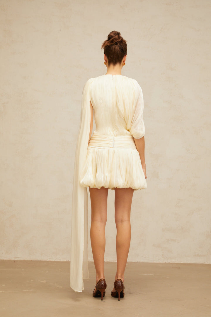 Cyrielle Pleated Mini Dress with Ribbon Design Accent - Celestia Couture