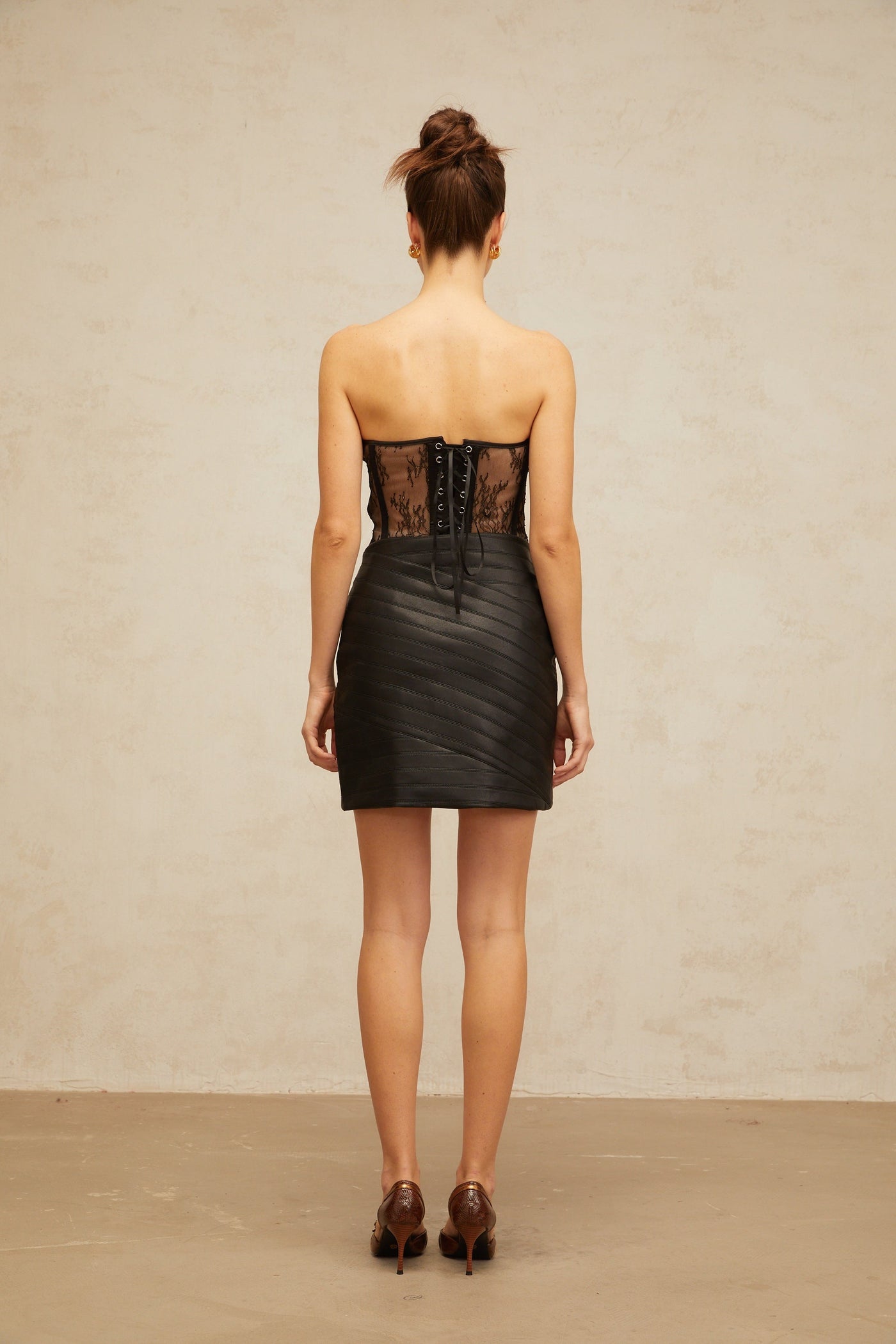 Gabrielle black floral-lace corset & leather skirt matching set