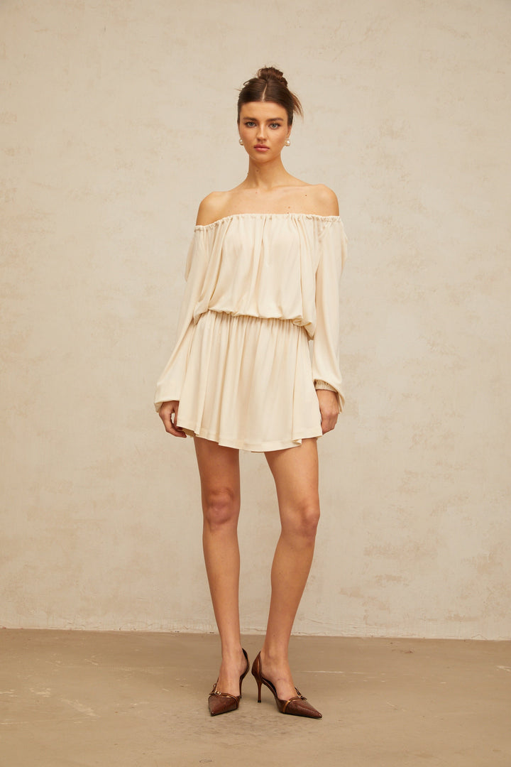 Emma neutrals structured-design mini dress - Celestia Couture
