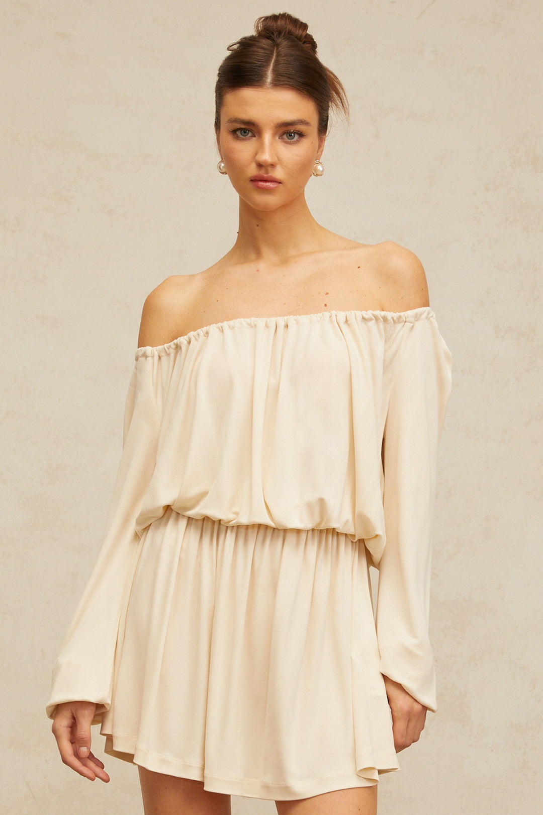 Emma neutrals structured-design mini dress - Celestia Couture