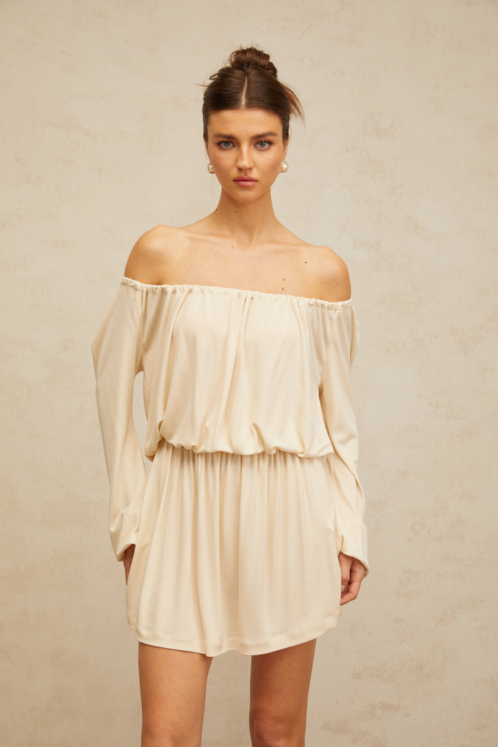 Emma neutrals structured-design mini dress - Celestia Couture