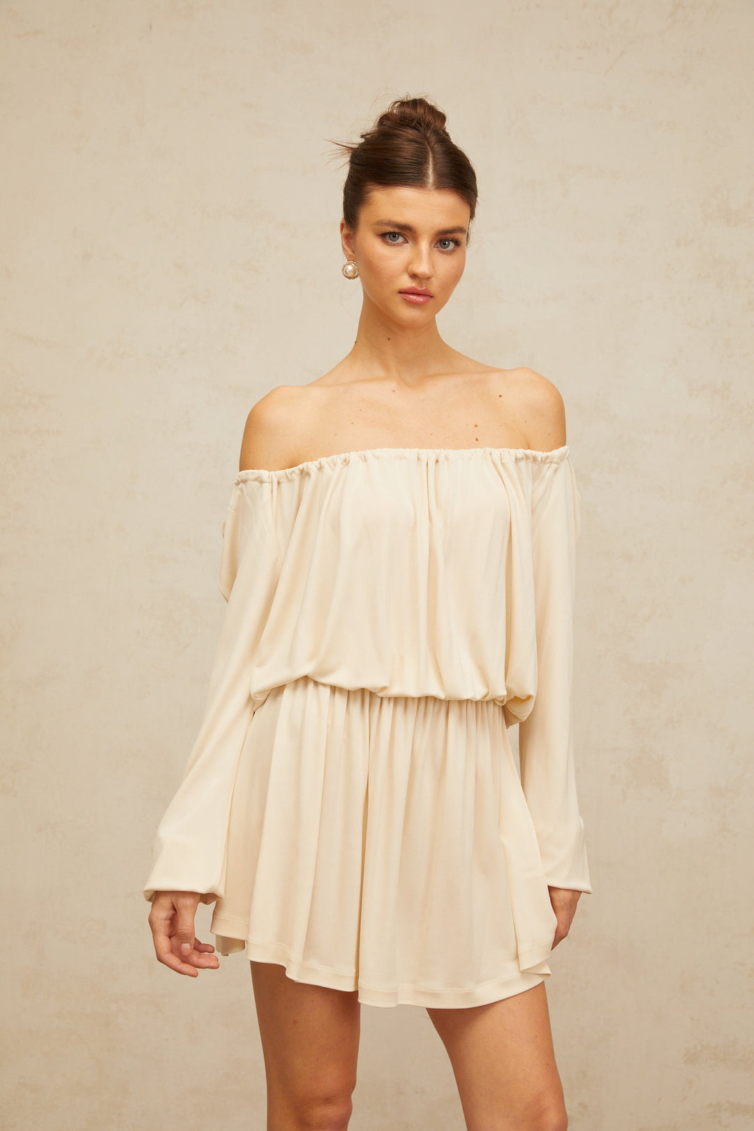Emma neutrals structured-design mini dress - Celestia Couture