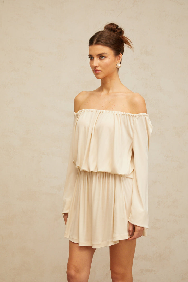 Emma neutrals structured-design mini dress - Celestia Couture