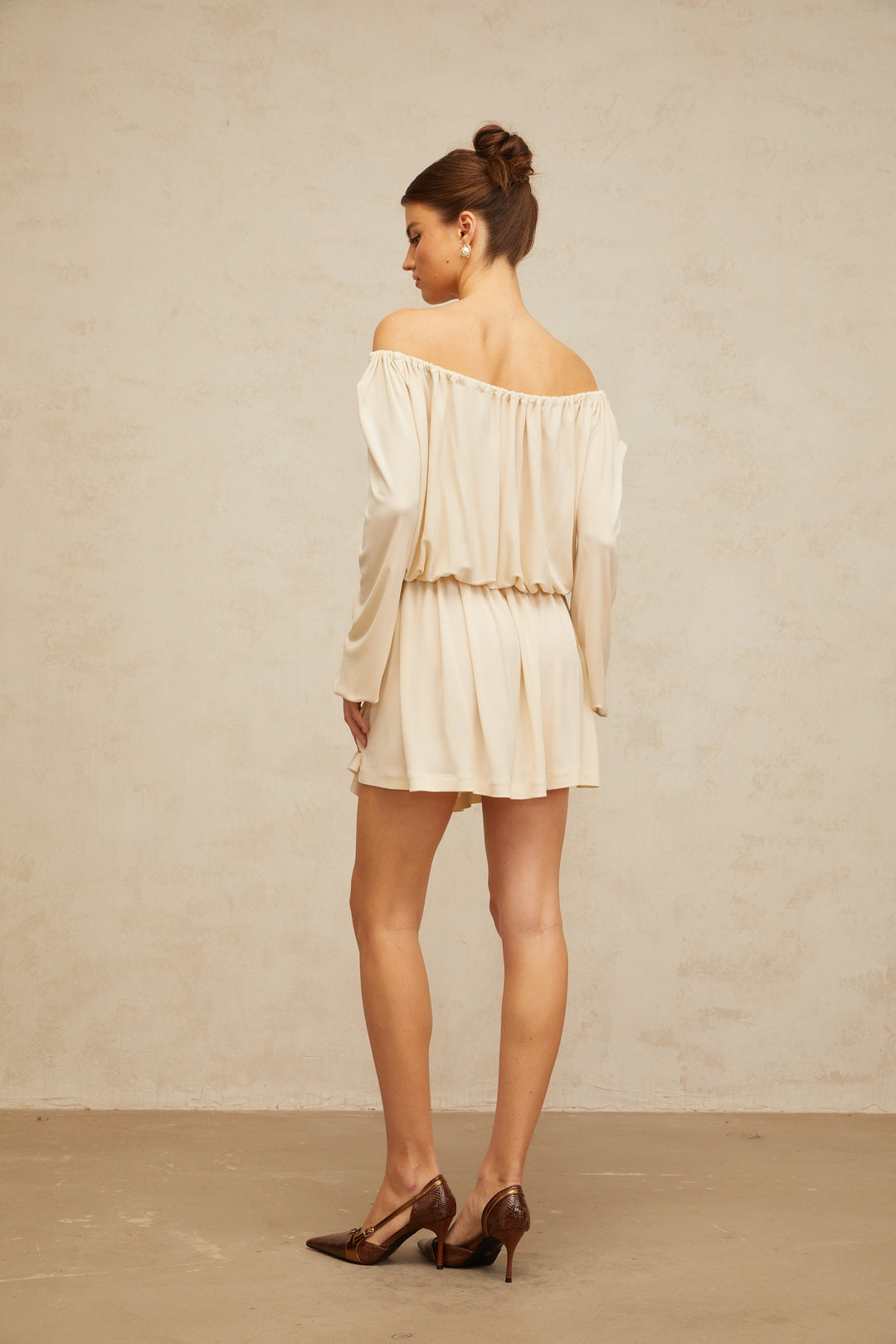 Emma neutrals structured-design mini dress - Celestia Couture