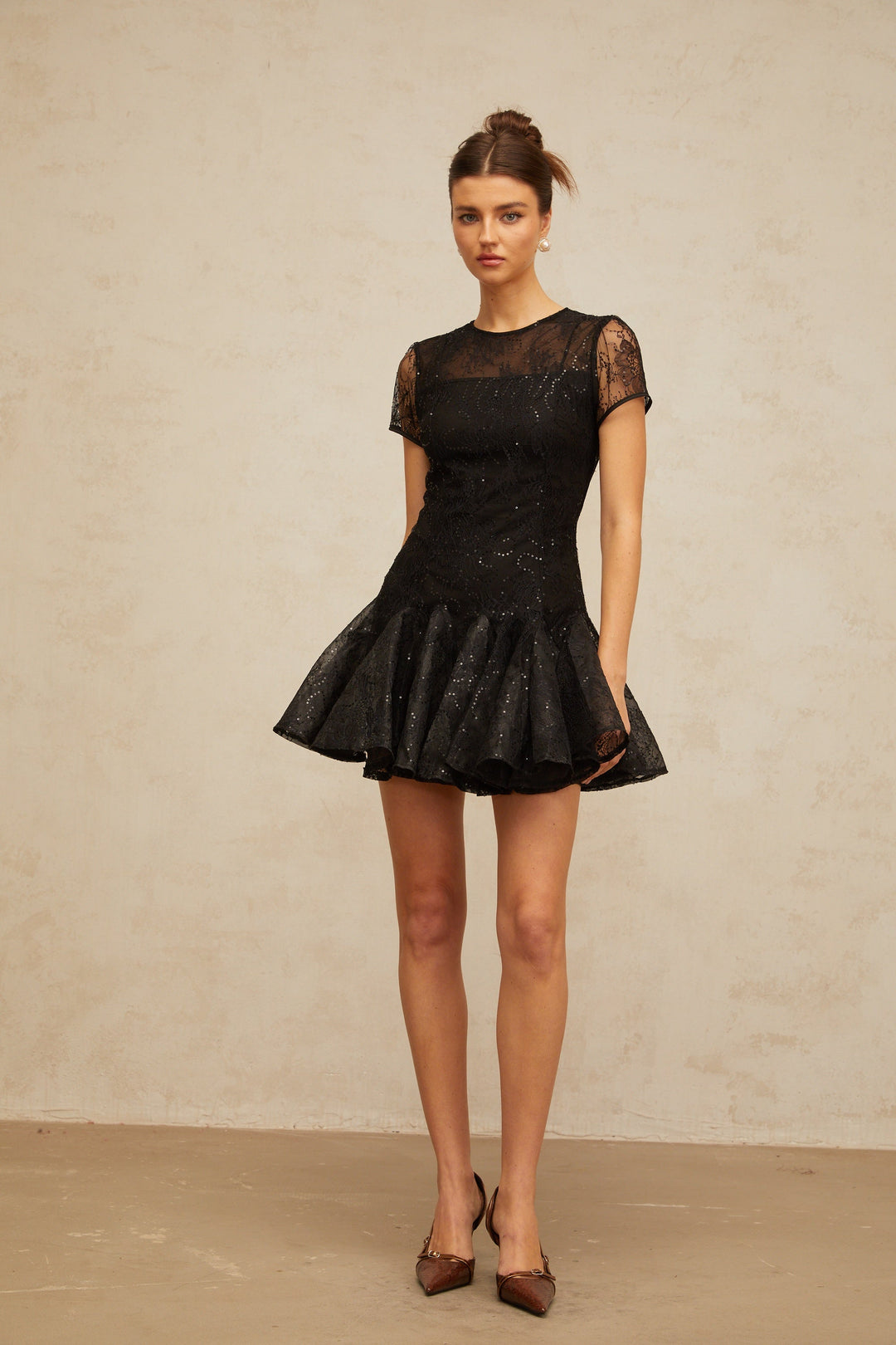 Lara black sequin-embellished flared mini dress - Celestia Couture