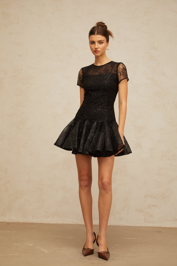 Lara black sequin-embellished flared mini dress - Celestia Couture