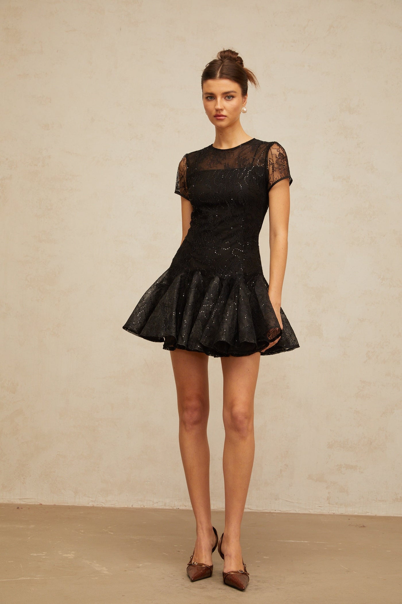 Lara black sequin-embellished flared mini dress