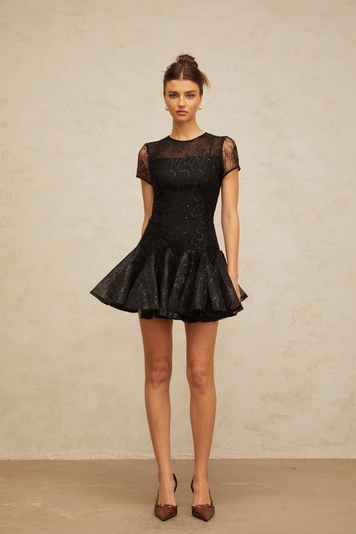 Lara black sequin-embellished flared mini dress - Celestia Couture