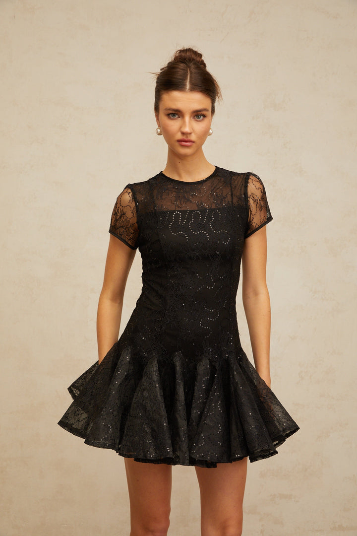 Lara black sequin-embellished flared mini dress - Celestia Couture
