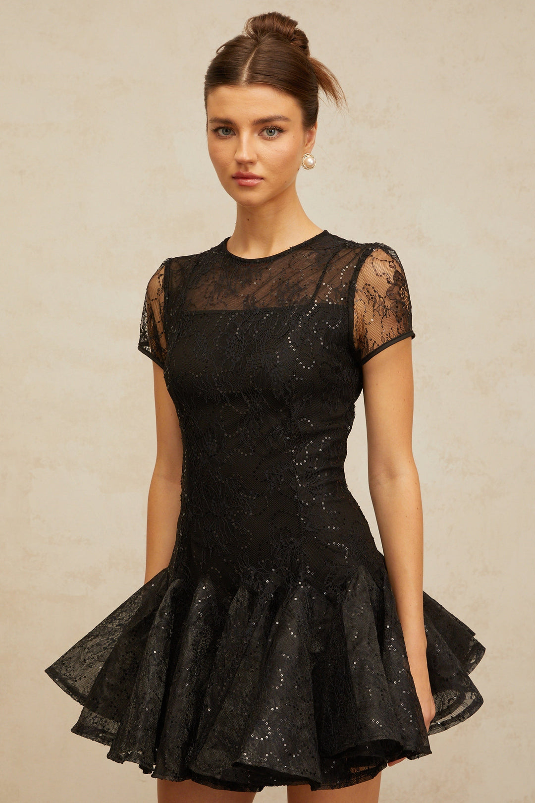 Lara black sequin-embellished flared mini dress - Celestia Couture