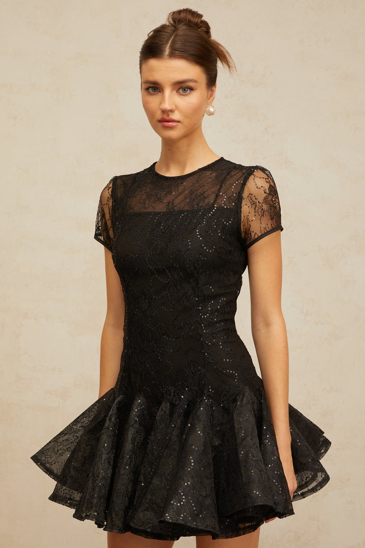 Lara black sequin-embellished flared mini dress - Celestia Couture