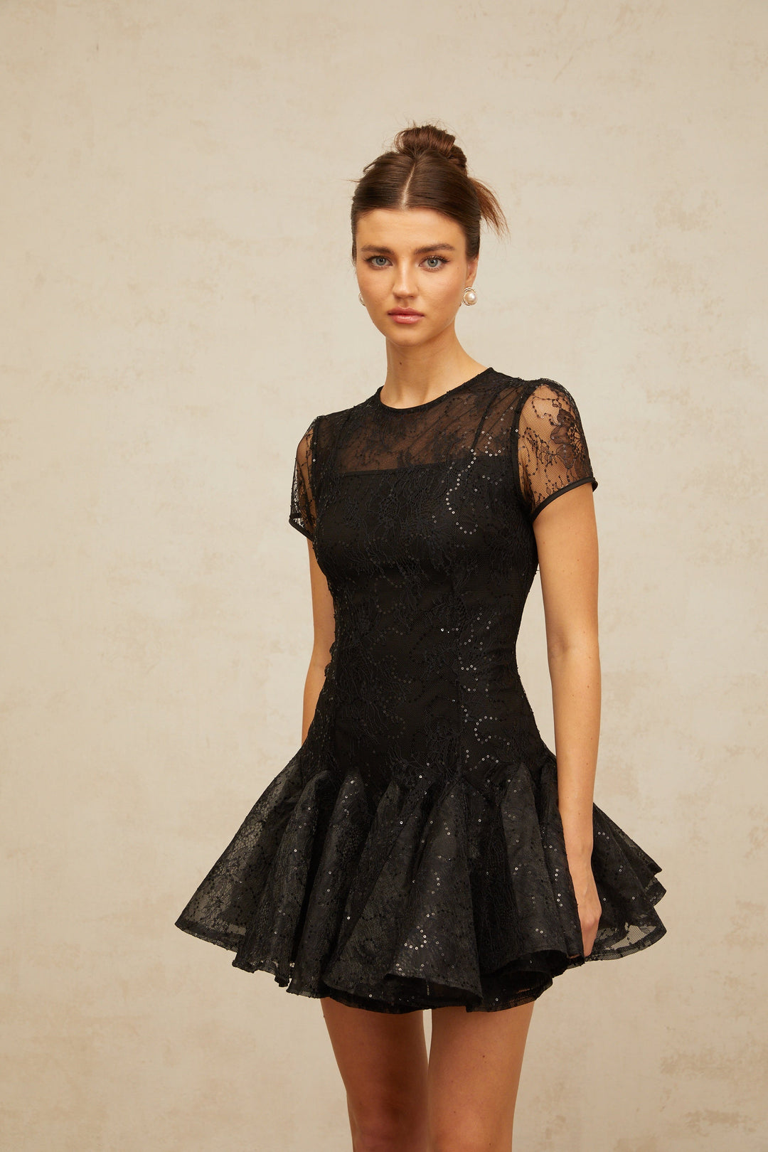 Lara black sequin-embellished flared mini dress - Celestia Couture