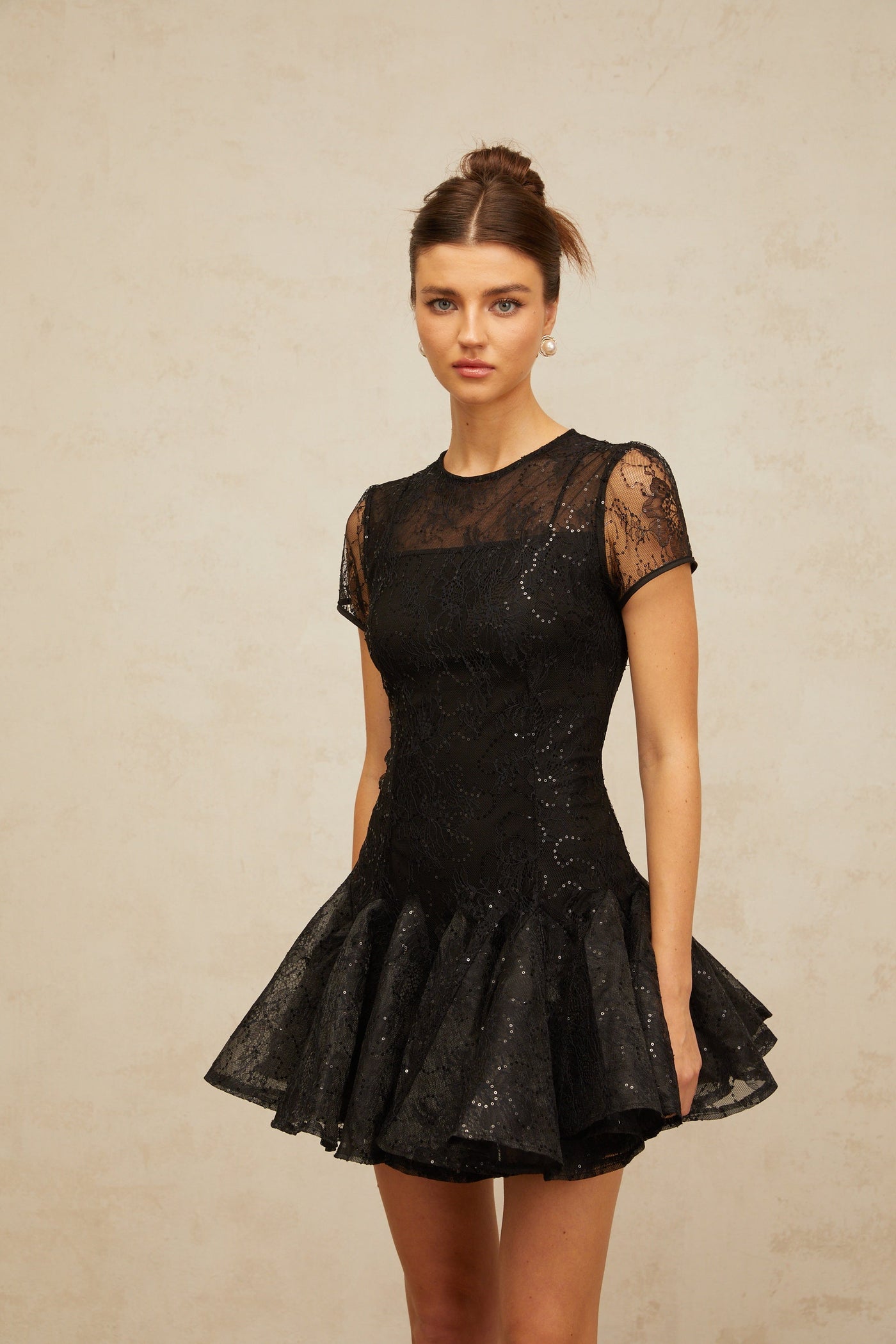 Lara black sequin-embellished flared mini dress