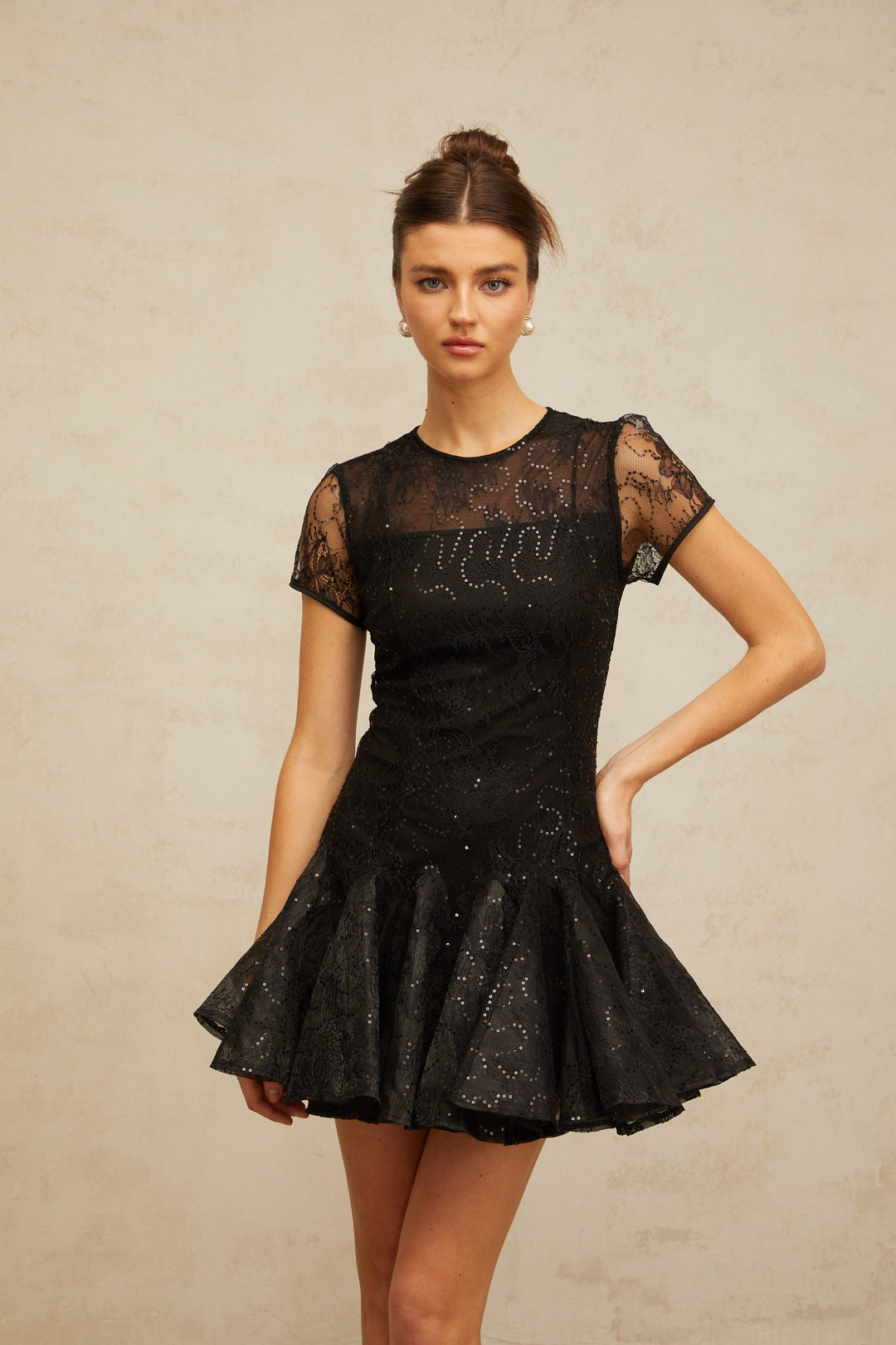 Lara black sequin-embellished flared mini dress - Celestia Couture