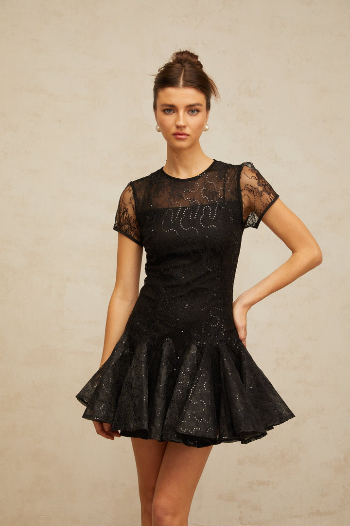 Lara black sequin-embellished flared mini dress - Celestia Couture