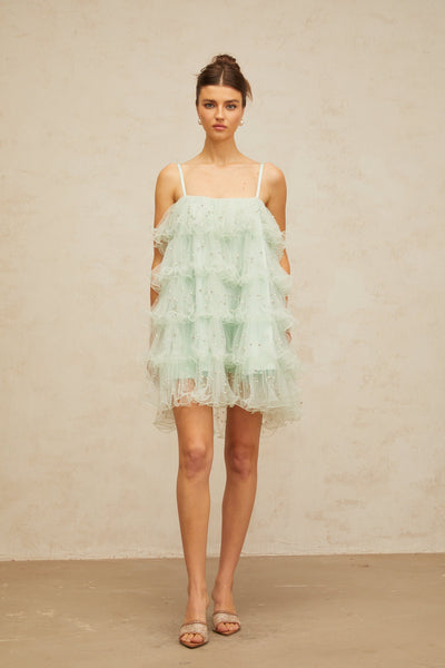Airelle light-green embellished tiered tulle mini dress