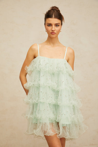 Airelle light-green embellished tiered tulle mini dress