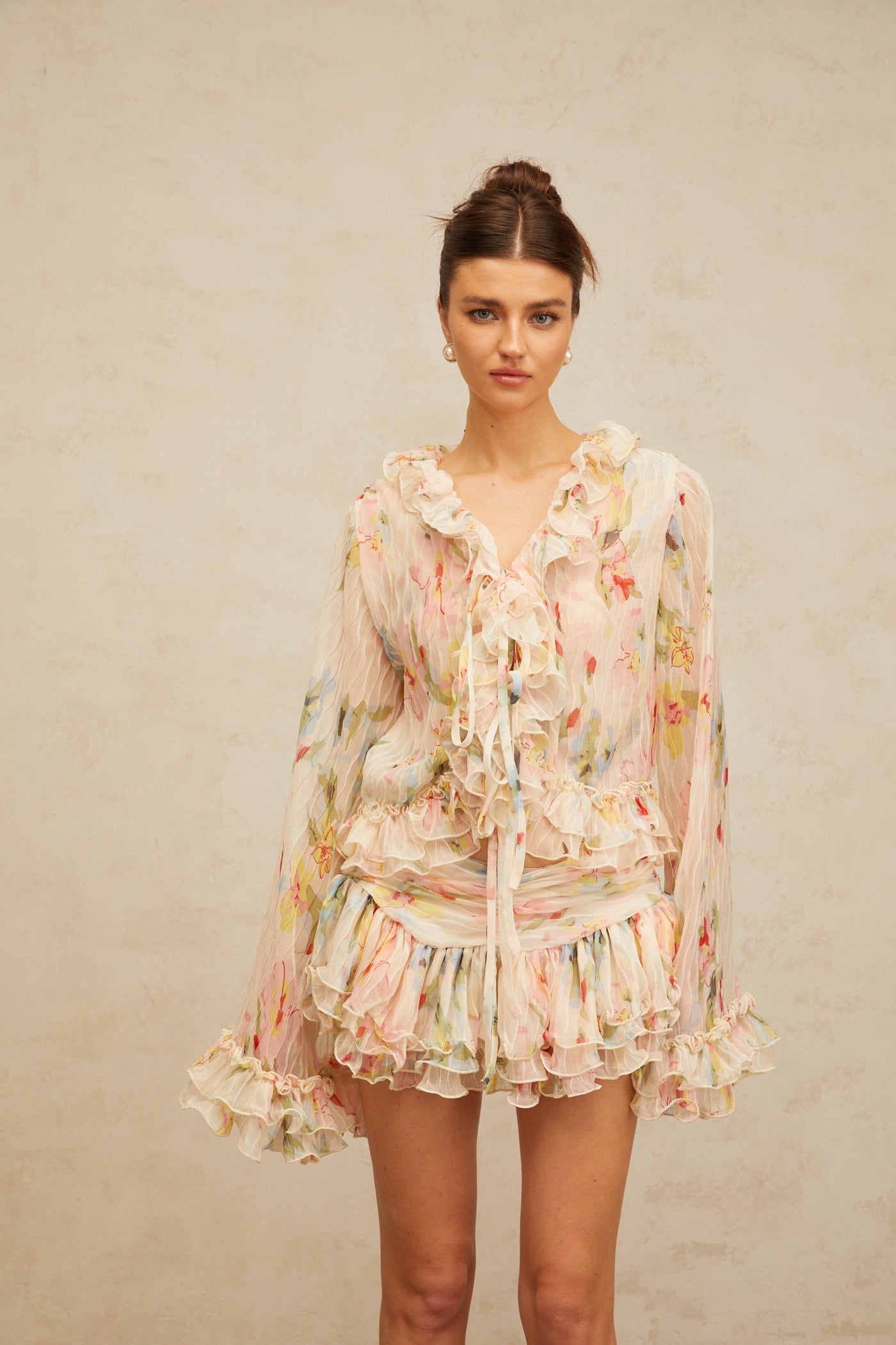 Donatienne floral-print ruffled blouse & skirt matching set