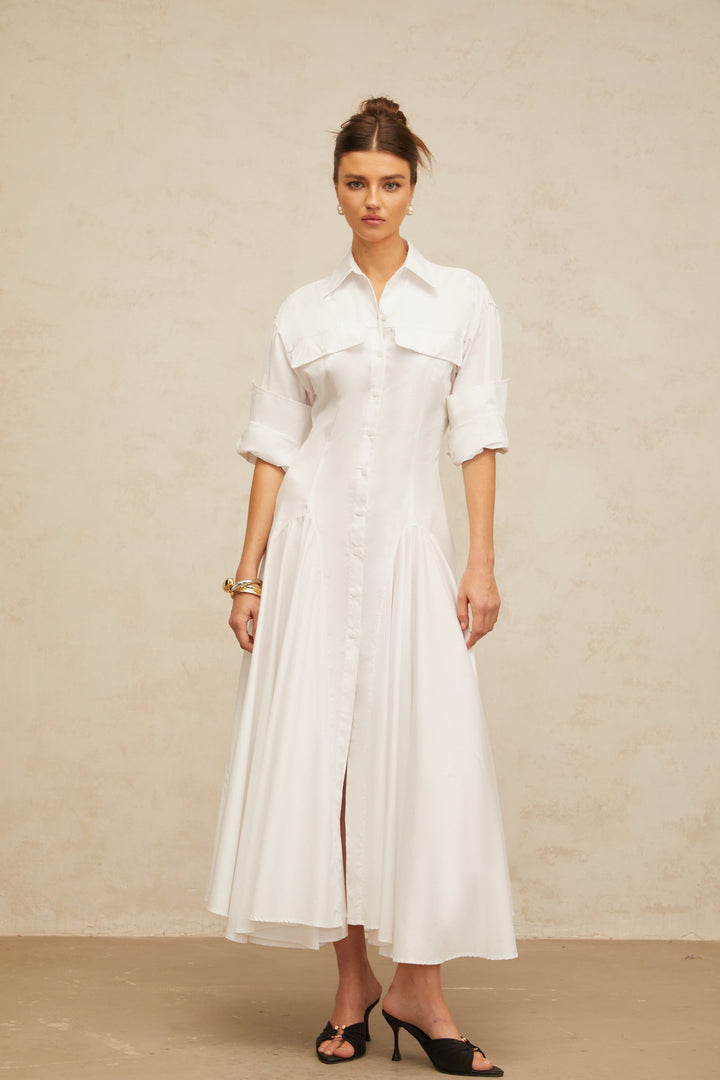 Dulcie white front-slit shirred shirt dress