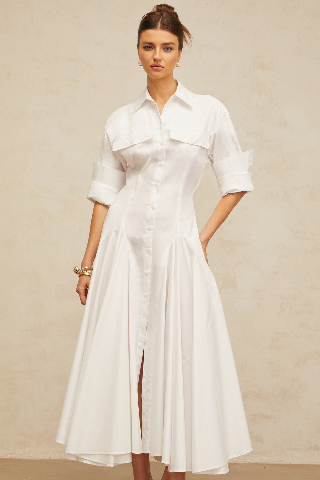 Dulcie white front-slit shirred shirt dress