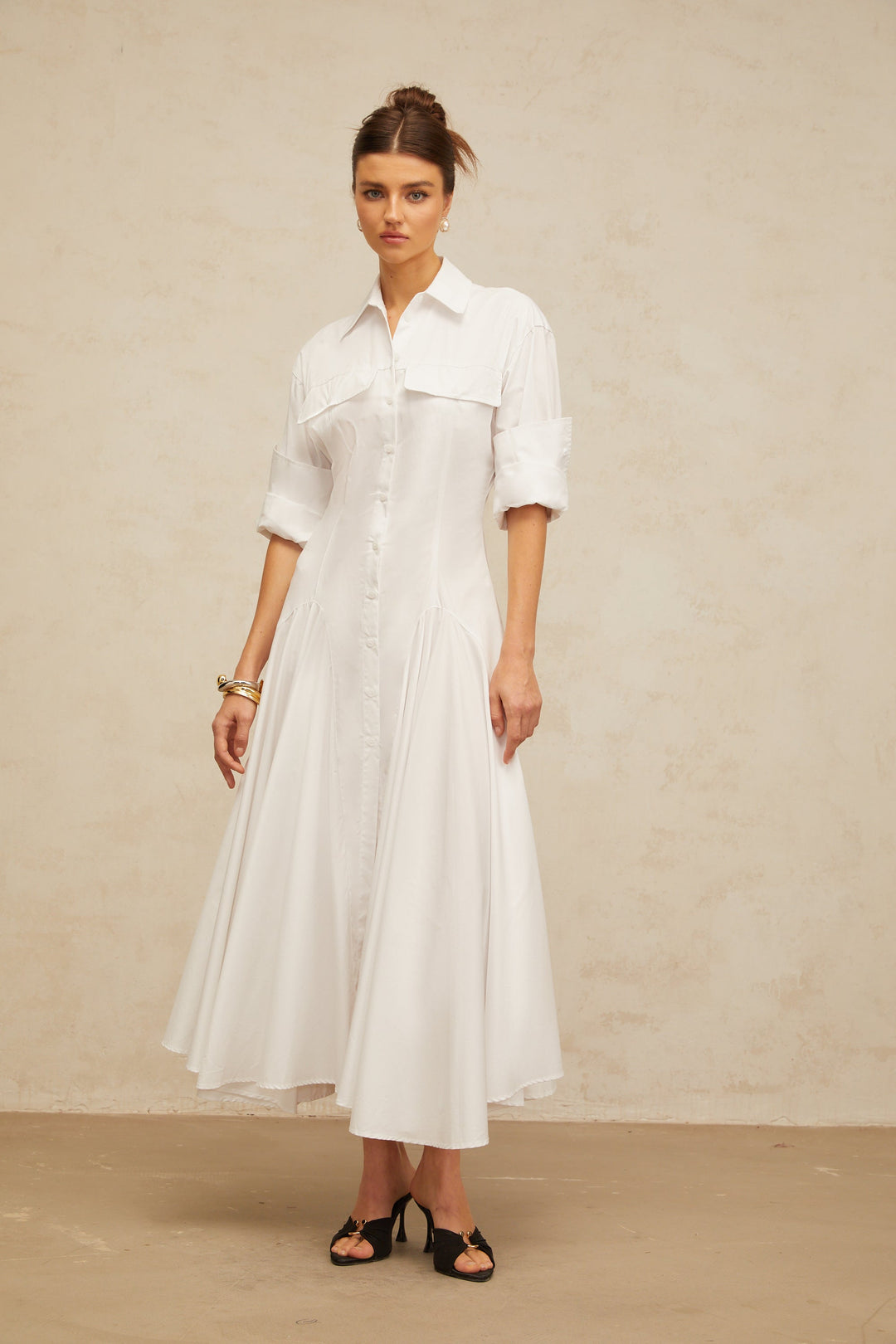 Dulcie white front-slit shirred shirt dress