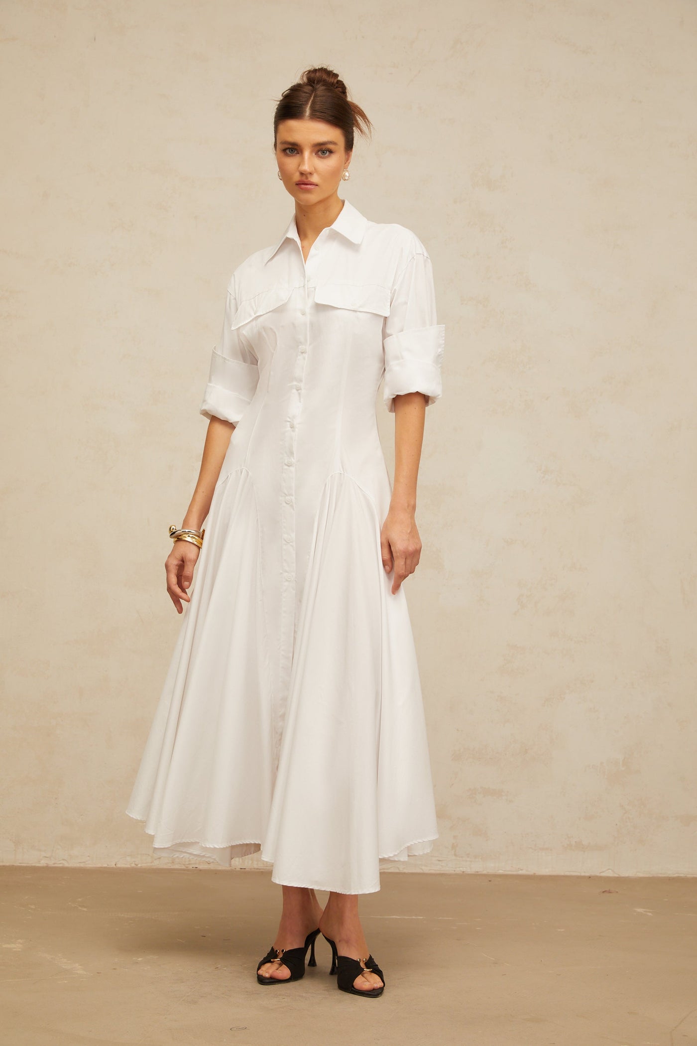Dulcie white front-slit shirred shirt dress