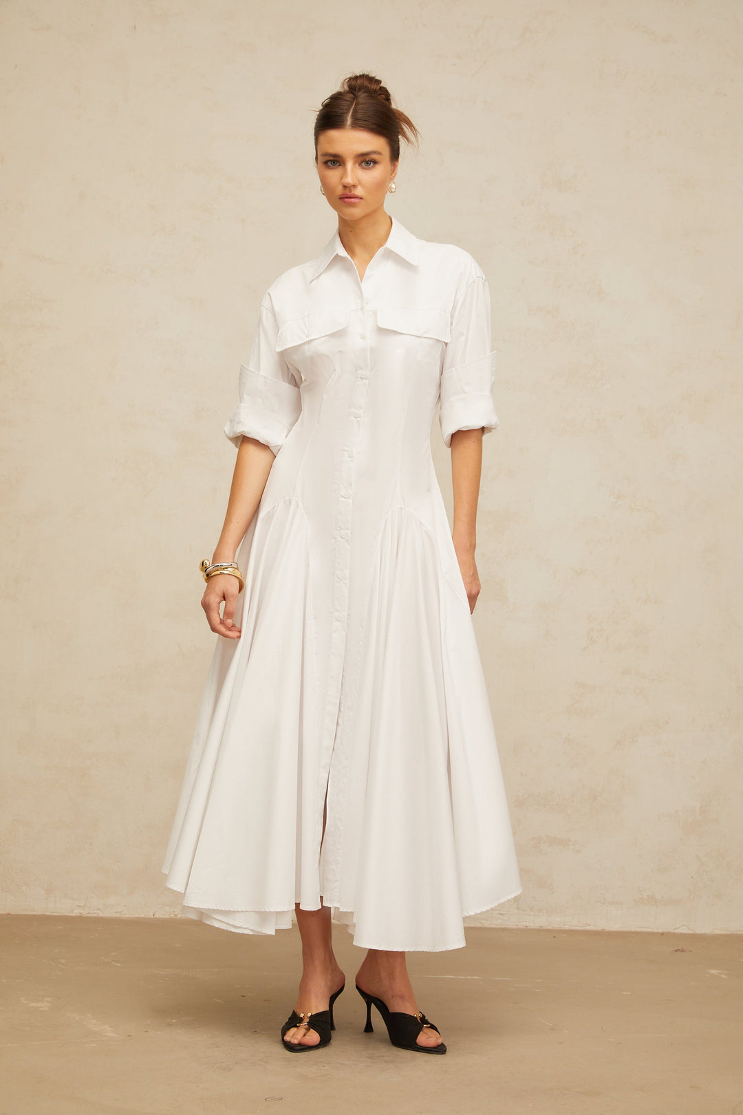 Dulcie white front-slit shirred shirt dress