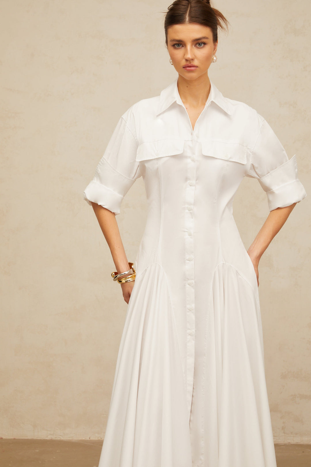 Dulcie white front-slit shirred shirt dress