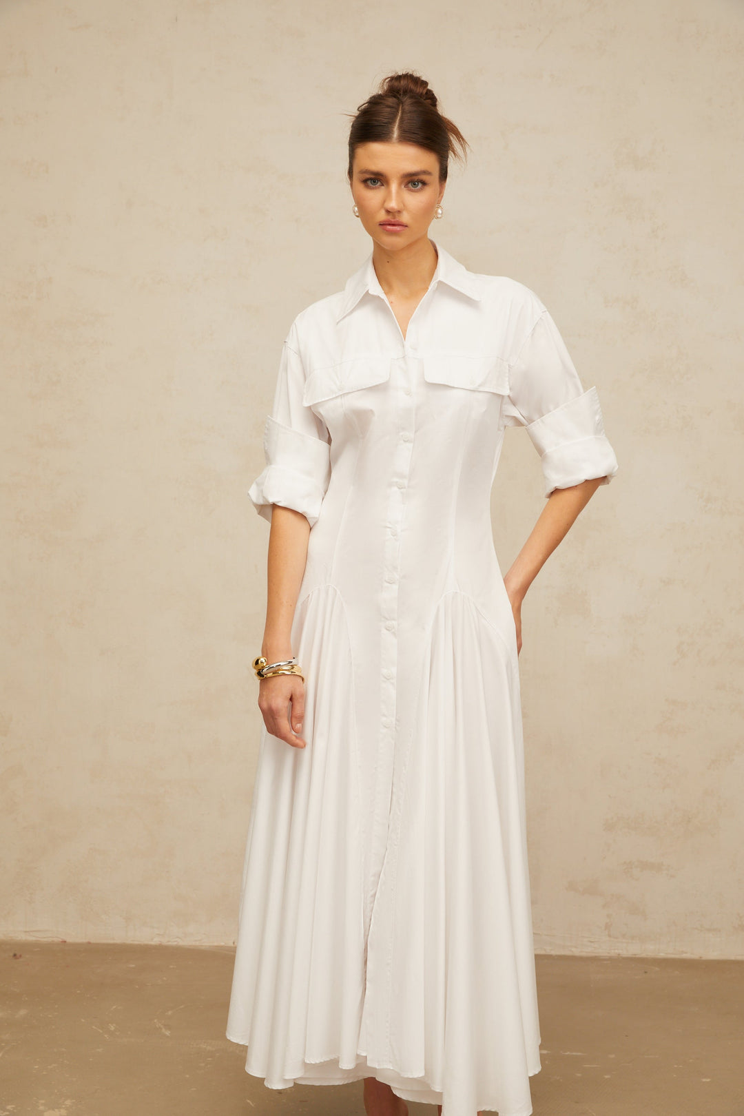 Dulcie white front-slit shirred shirt dress
