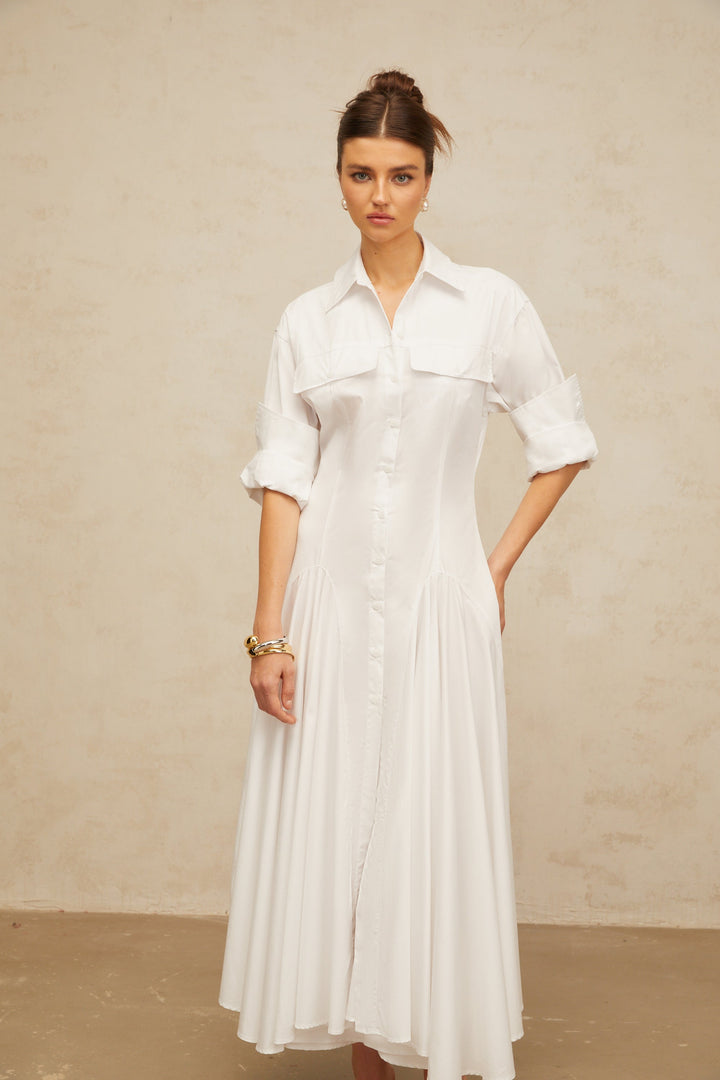 Dulcie white front-slit shirred shirt dress