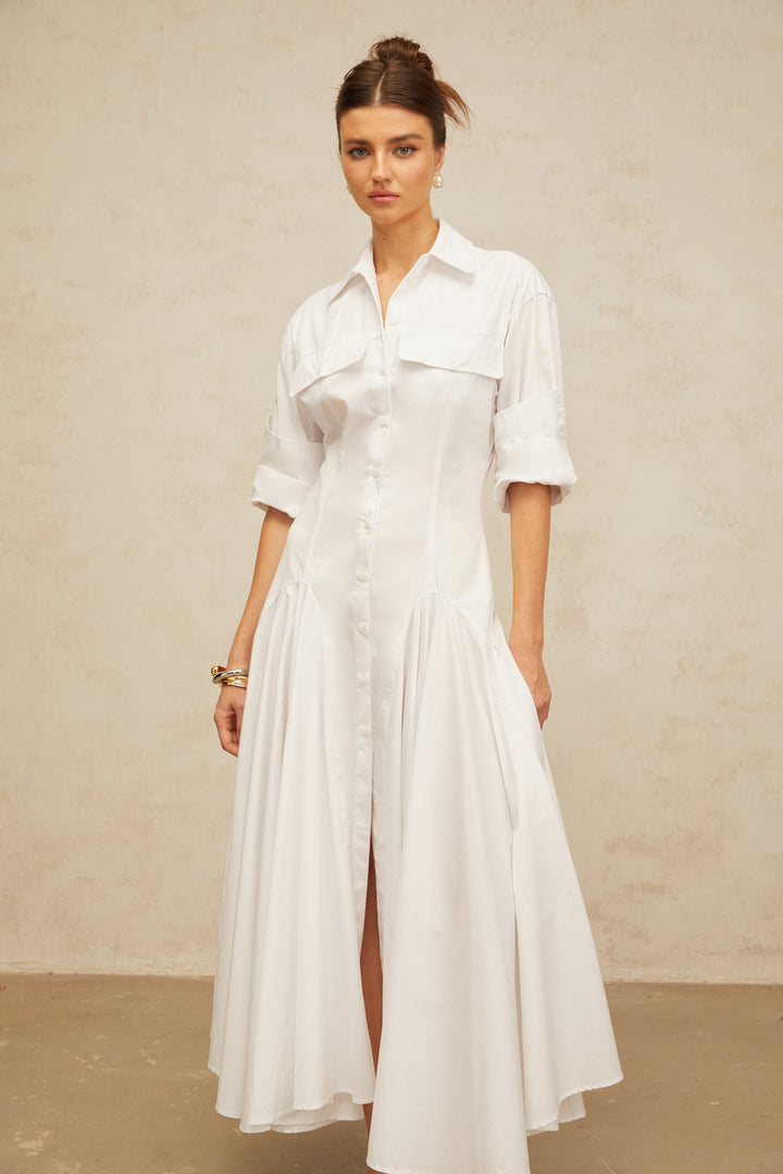 Dulcie white front-slit shirred shirt dress