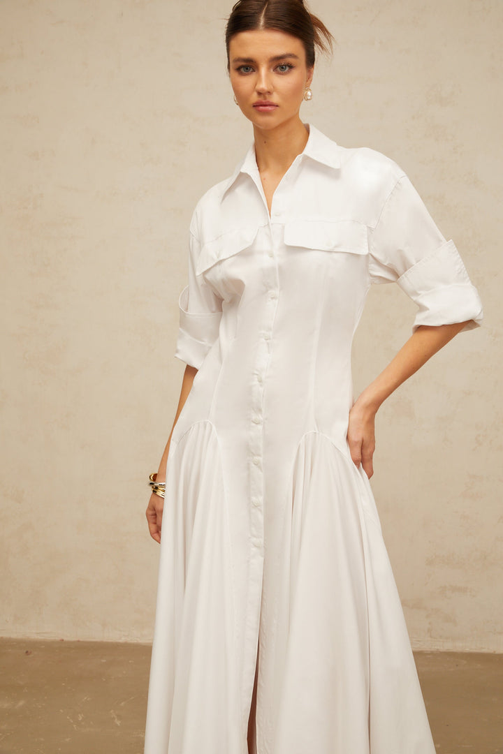 Dulcie white front-slit shirred shirt dress