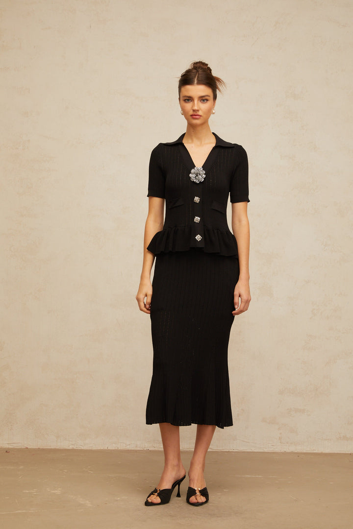 Félicie black embellished pointelle-knit midi dress - Celestia Couture