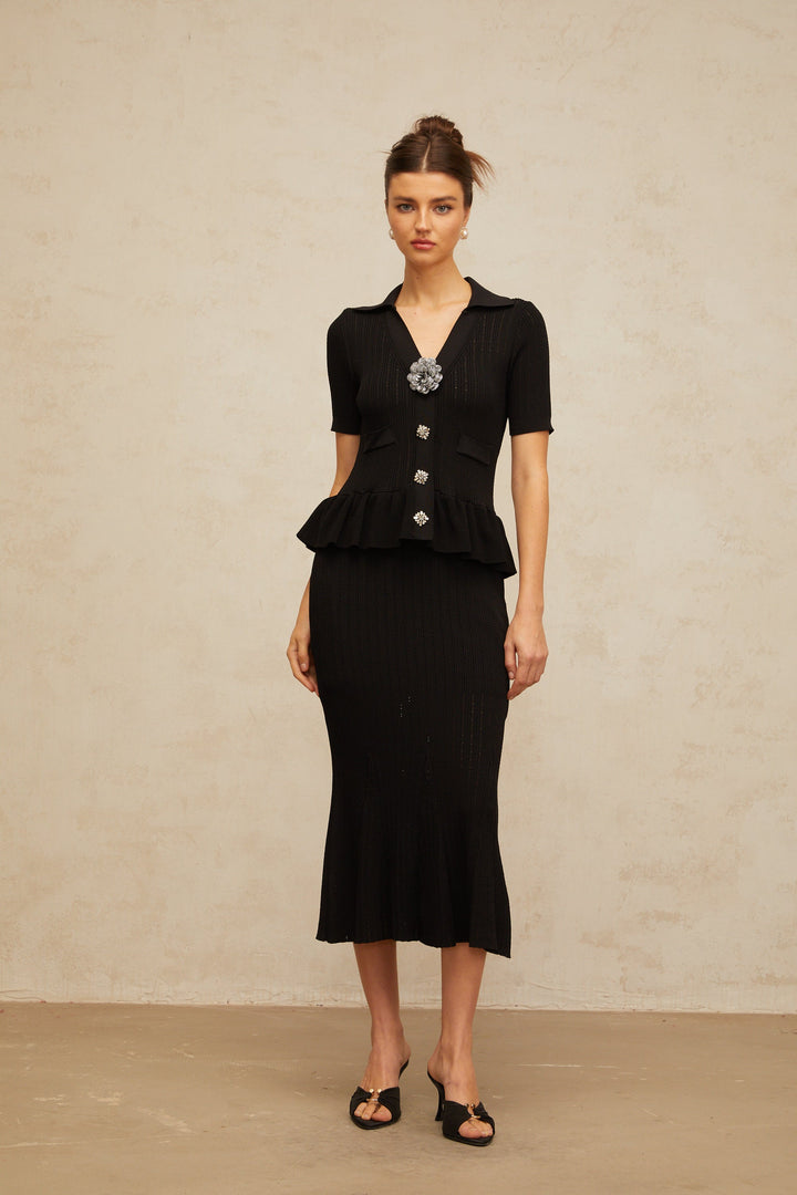 Félicie black embellished pointelle-knit midi dress - Celestia Couture