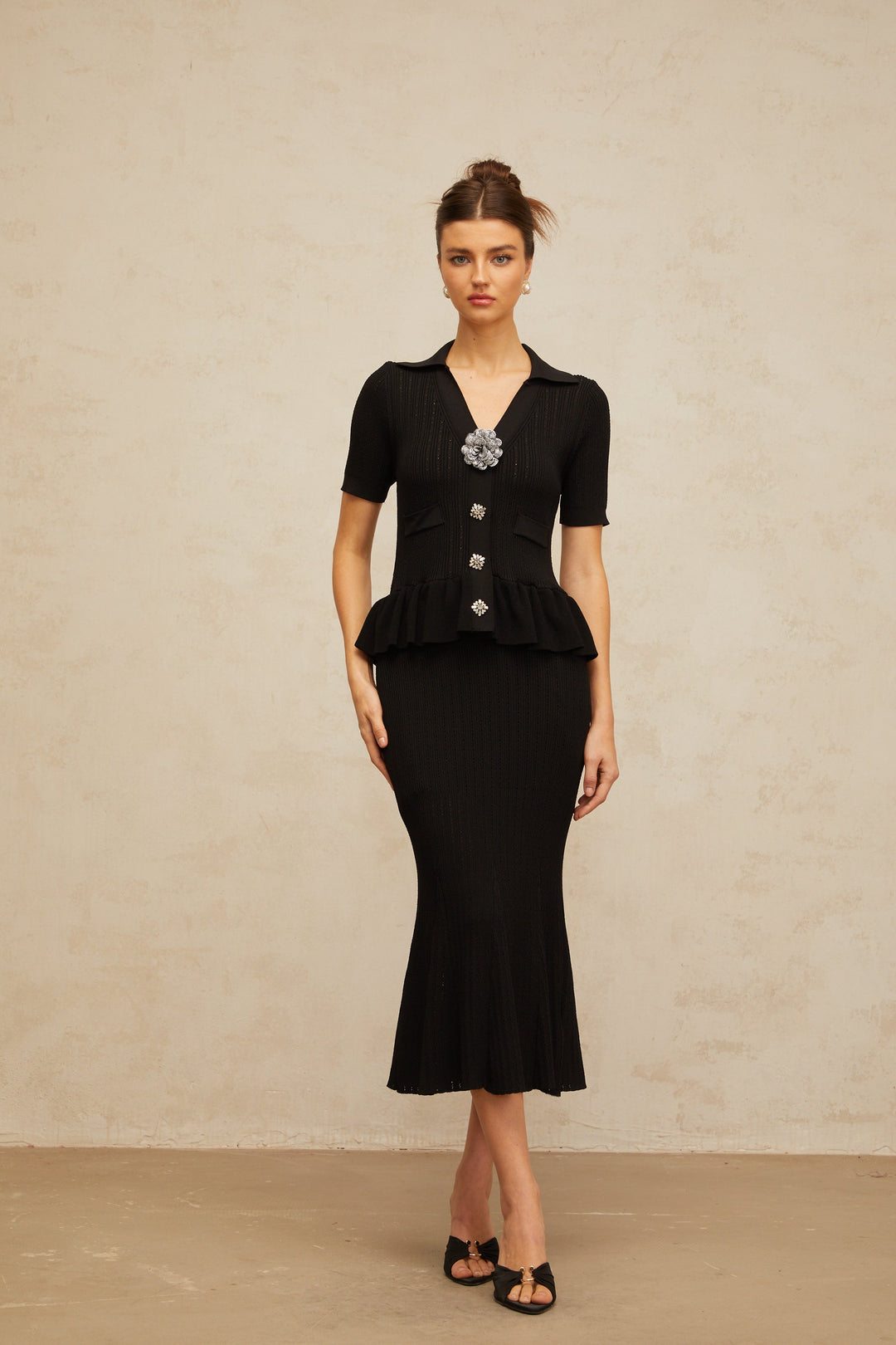 Félicie black embellished pointelle-knit midi dress - Celestia Couture