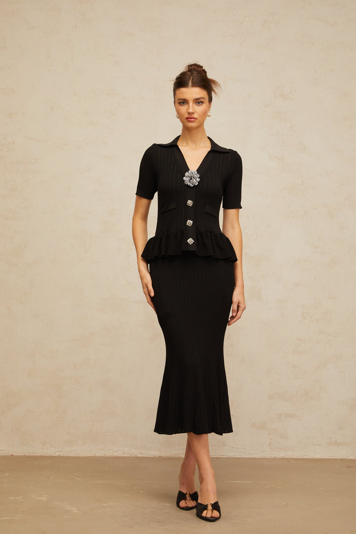 Félicie black embellished pointelle-knit midi dress - Celestia Couture