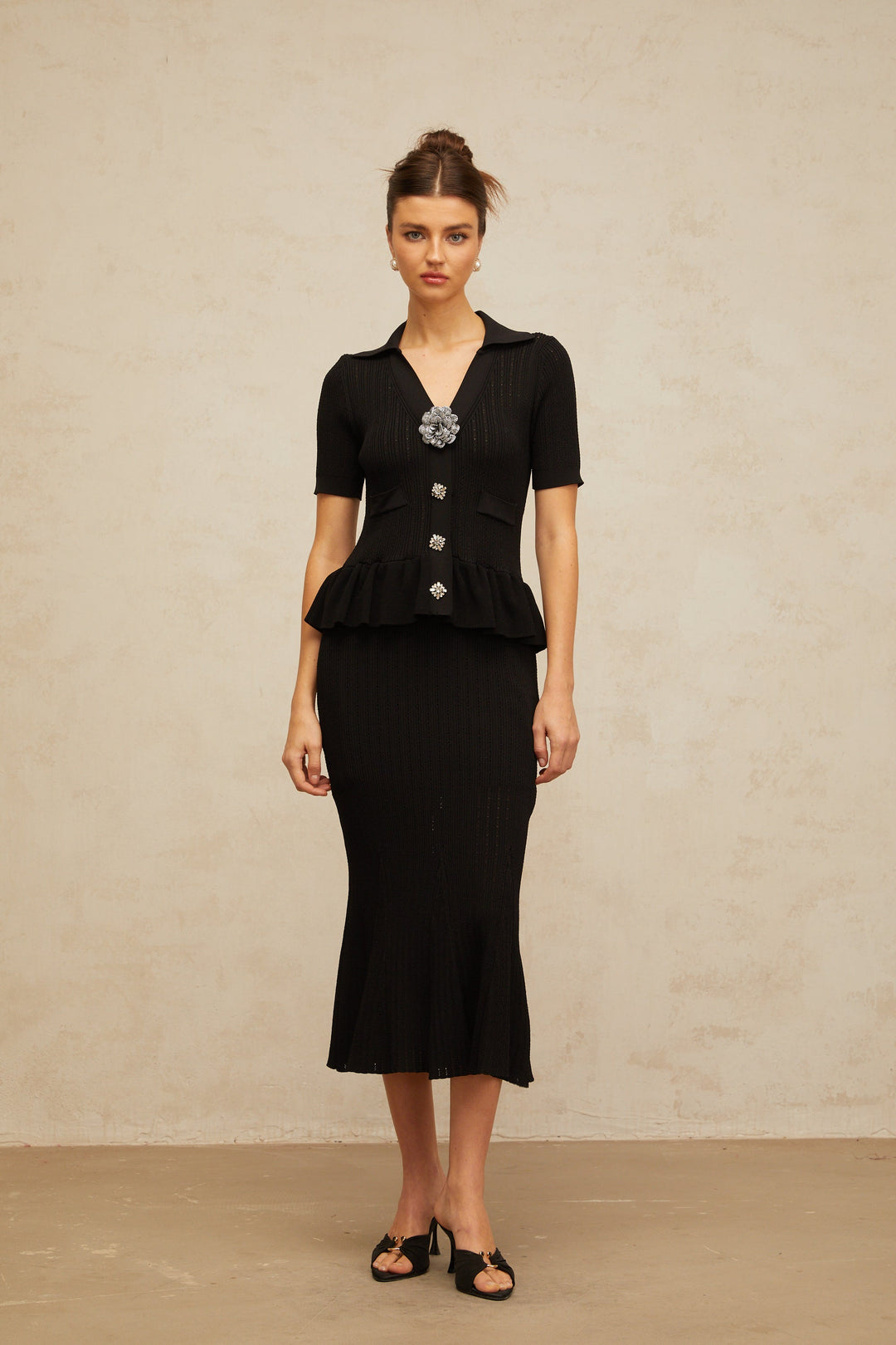 Félicie black embellished pointelle-knit midi dress - Celestia Couture