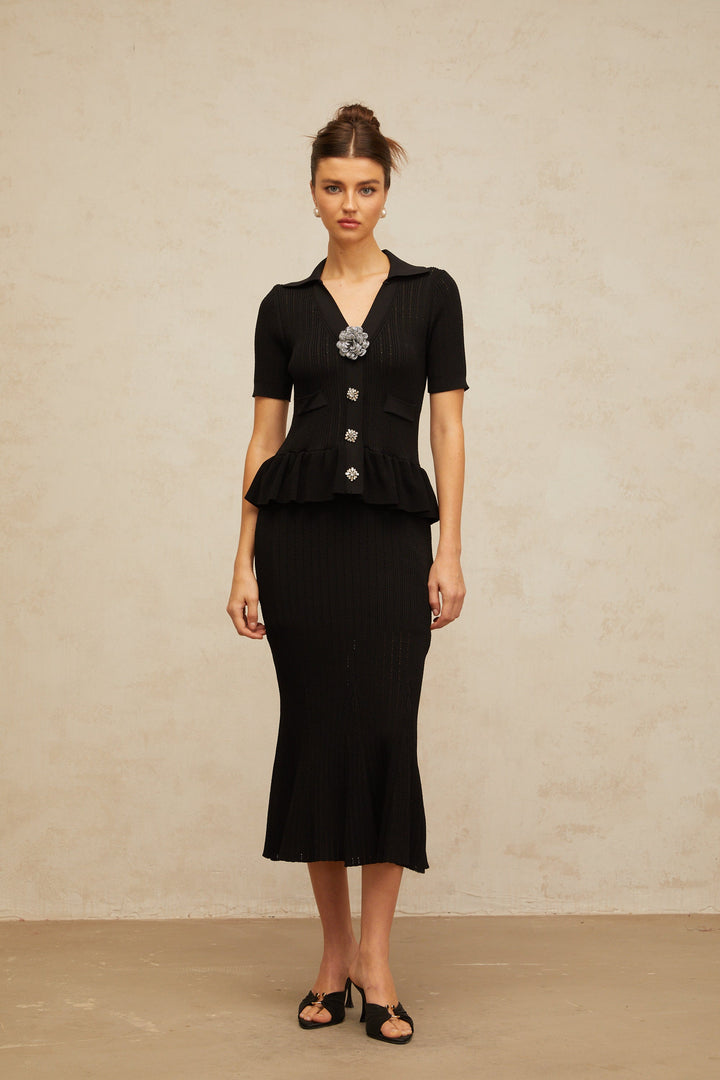 Félicie black embellished pointelle-knit midi dress - Celestia Couture