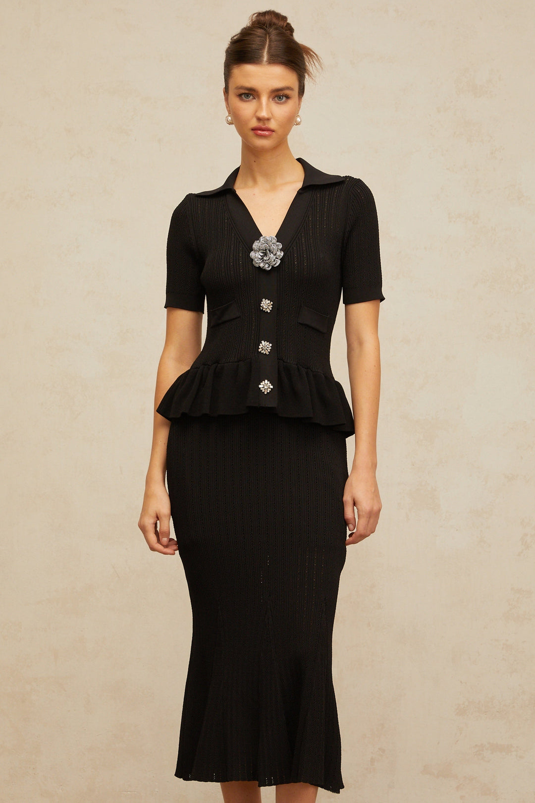 Félicie black embellished pointelle-knit midi dress - Celestia Couture