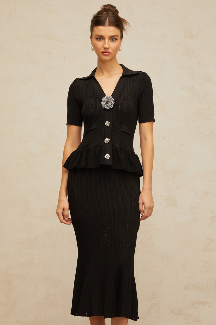 Félicie black embellished pointelle-knit midi dress - Celestia Couture